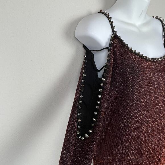 A.Z.I Jeans Black Glitter‎ Top S Lattice Cutout Sleeves Whimsigoth Punk Goth - Picture 6 of 8